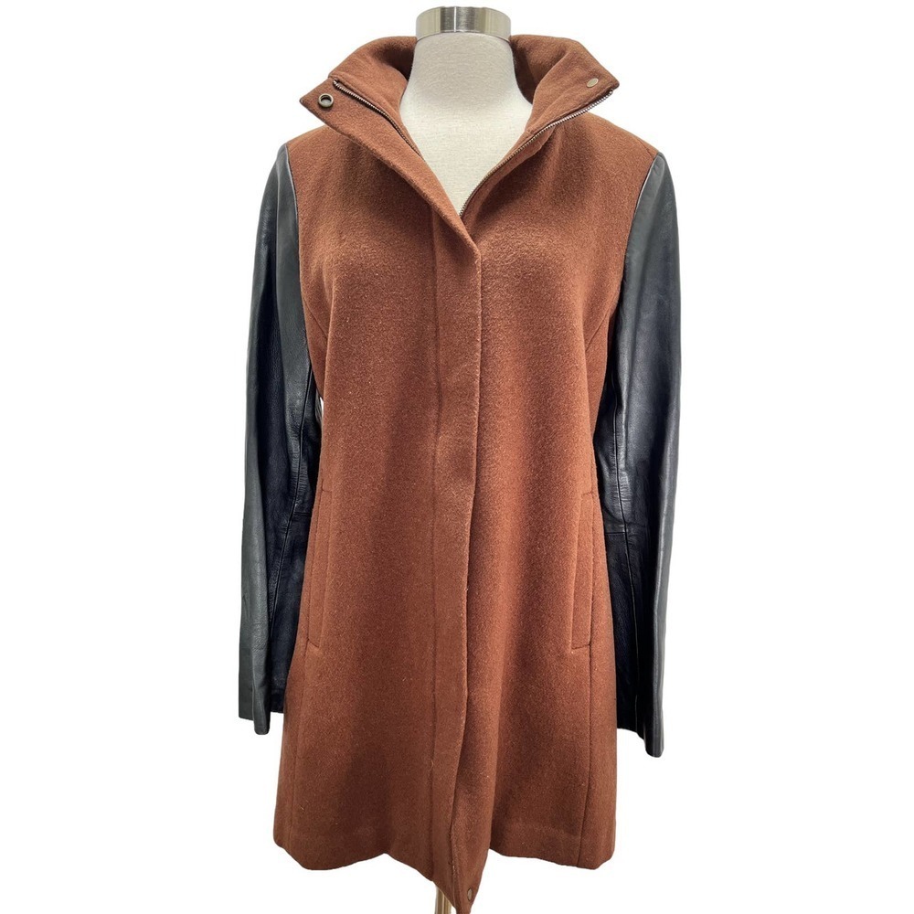 Eileen Fisher Rust Brown Wool Coat with Black Leather Sleeves